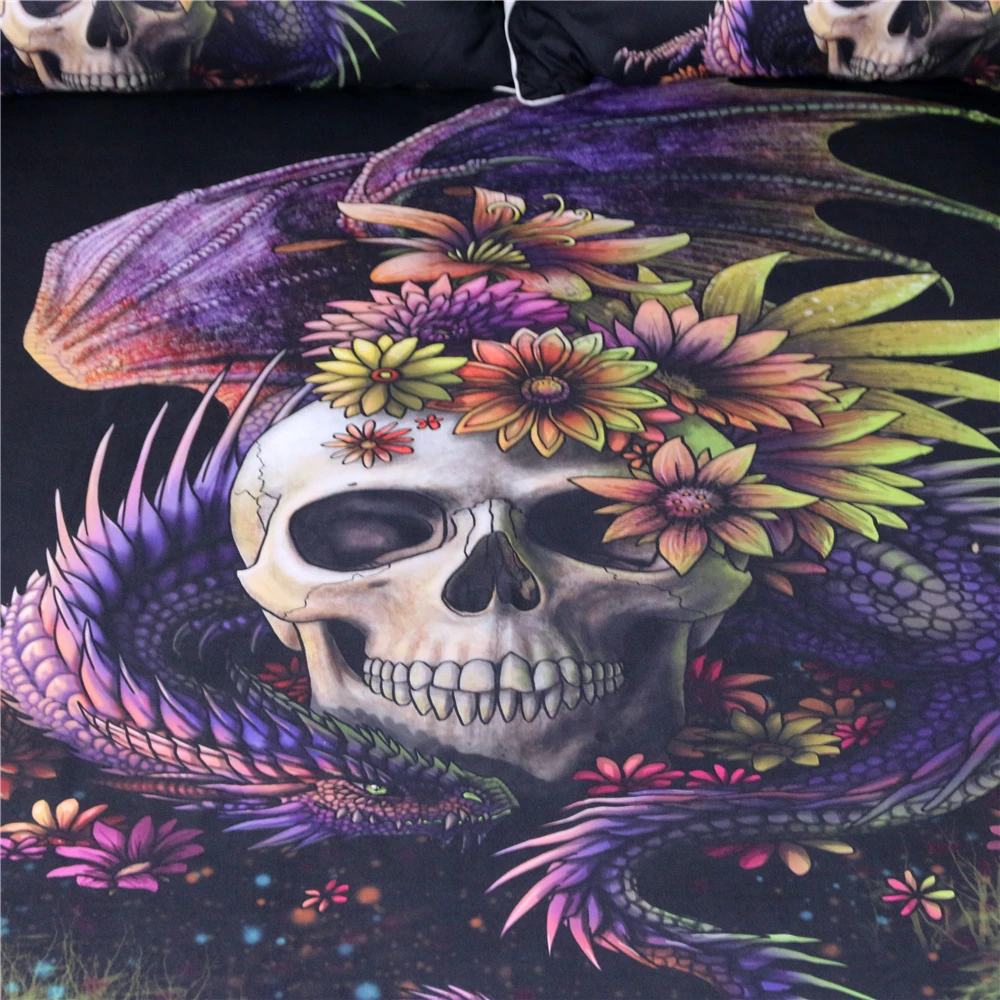 Набор постельного белья Dragon Flowery Skull by Sunima с фиолетовым цветком пододеяльник
