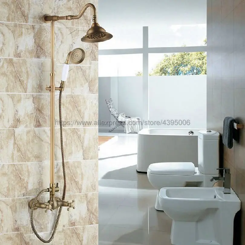 

Antique Brass Bathroom Rainfall Shower Faucets Set Double Handle Mixer Tap Faucets Wall Mounted Bath Showers Sets Brs134