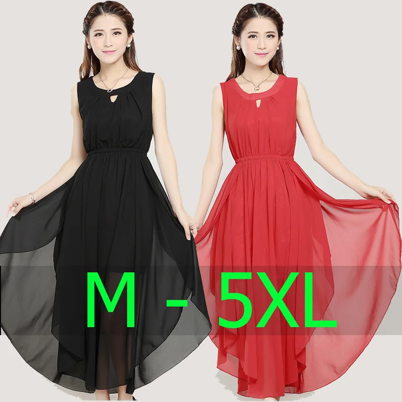 Женское шифоновое макси-платье красное черное без рукавов с круглым вырезом