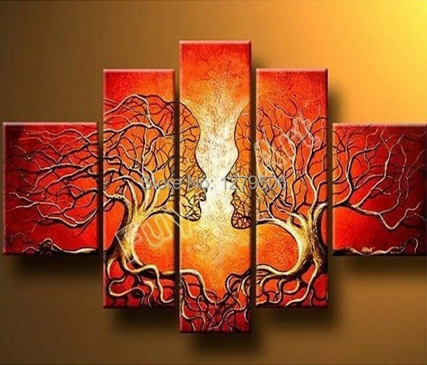 

100% Handmade Red Tree Couples Paintings Abstract Landscape Canvas Oil Painting On Wall 5Pcs/set Art Decor For Living Room