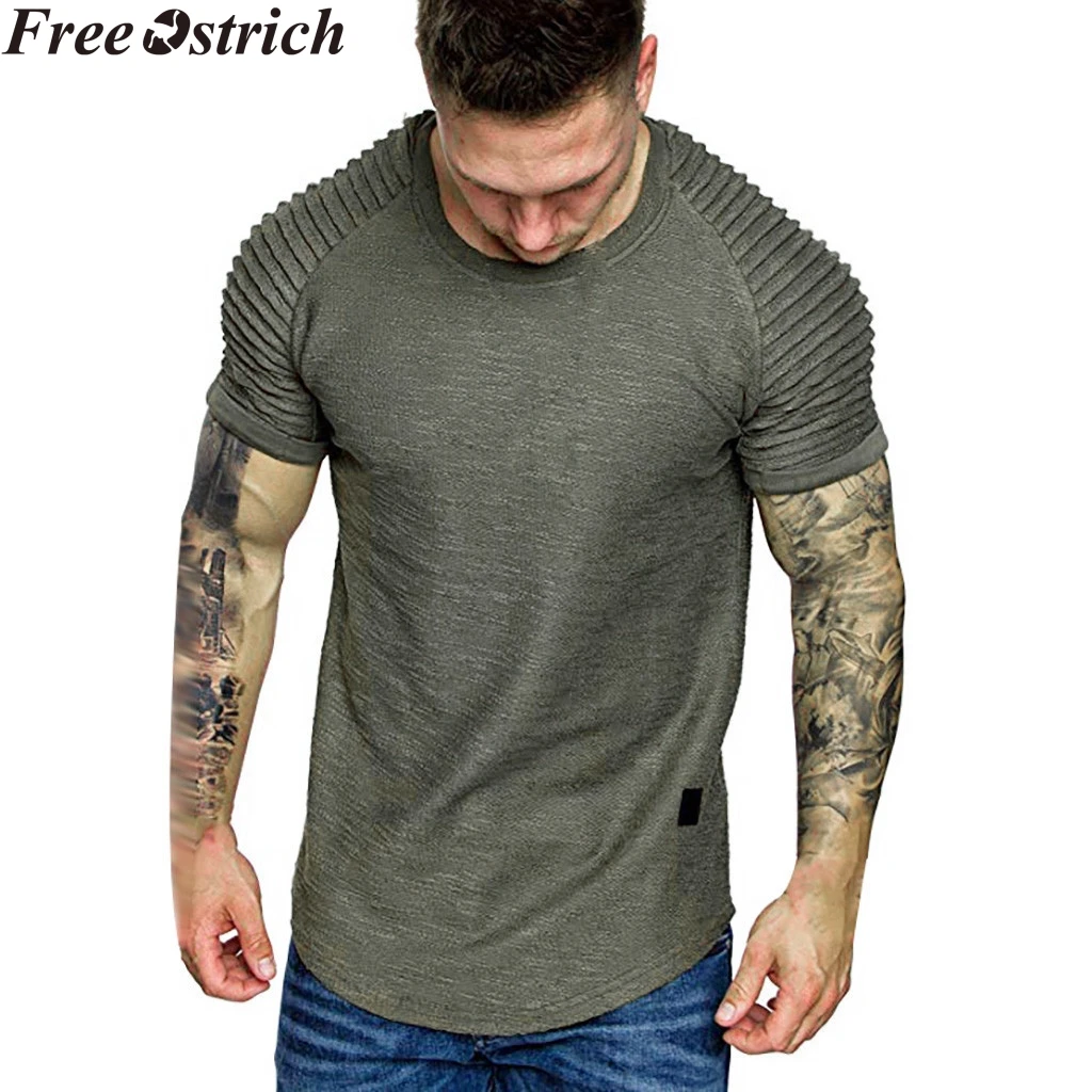 

Men's Summer Fitness Short Sleeve T-Shirt Slim Pleated Stitching Casual Loose Tshirt Plus Size Running O-Neck T-Shirt