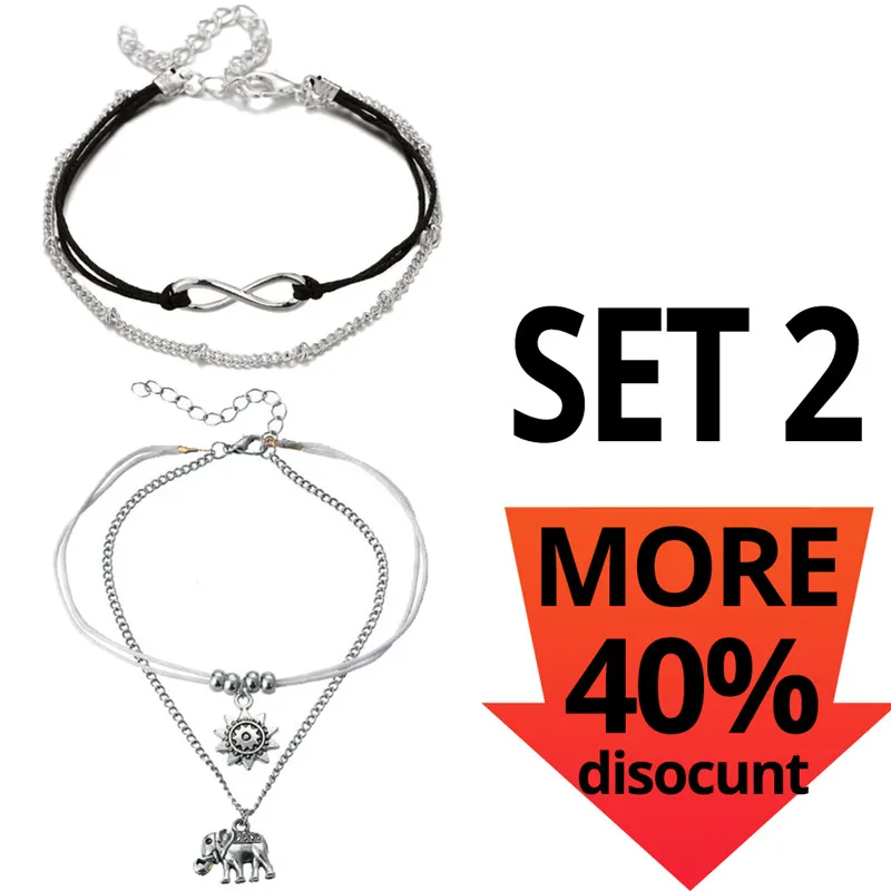 Cheap SET 2 17 км Boho бесконечные Бусы ножные браслеты для женщин Мода Защита от Солнца Кулон многослойный ножной браслет хлопок ручной работы цепочка для ног Ювелирные изделия - Окраска металла: Cheap SET 2