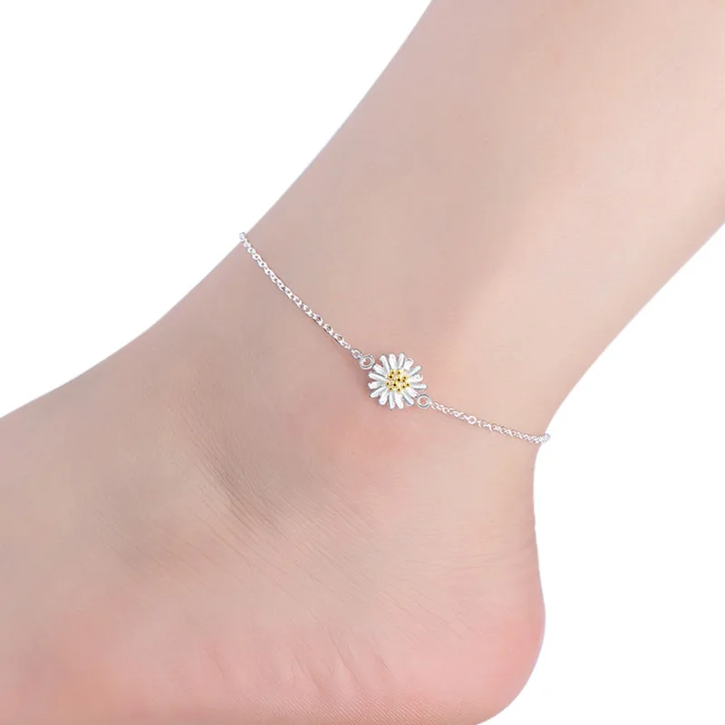 

Cute Flower Shaped Girl Anklets Jewelry Fashion Silver 925 Bracelets For Women Party Accessories Summer Daisy Lady Female Bijou