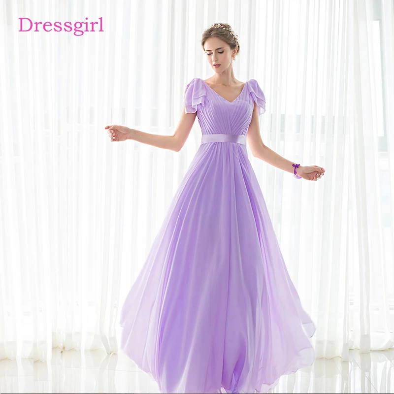 

Lavender Cheap Bridesmaid Dresses Under 50 A-line V-neck Cap Sleeves Chiffon Long Wedding Party Dresses