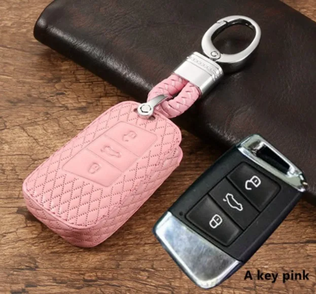 A key pink Автомобильный кожаный Футляр для ключей для VW MK7 Beetle Bora Golf Passat Polo Seat Altea Альгамбра Ibiza для Skoda Octavia A5 A7 Kodiaq - Название цвета: A key pink