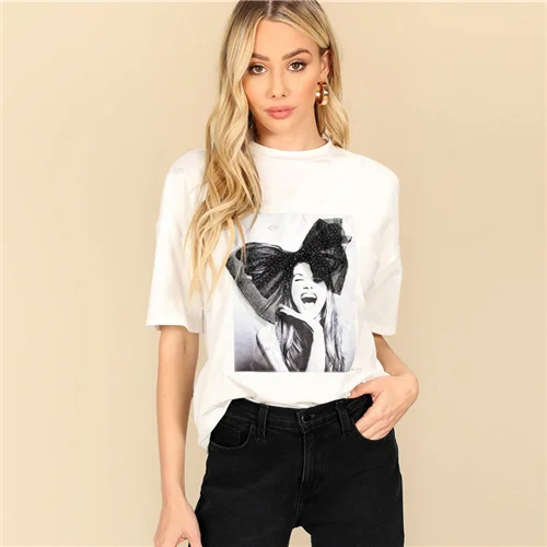 Dotfashion белый Рисунок сетка бант украшенный Топ для женщин Летняя Повседневная футболка уличная мода короткий рукав тройник - Цвет: Белый