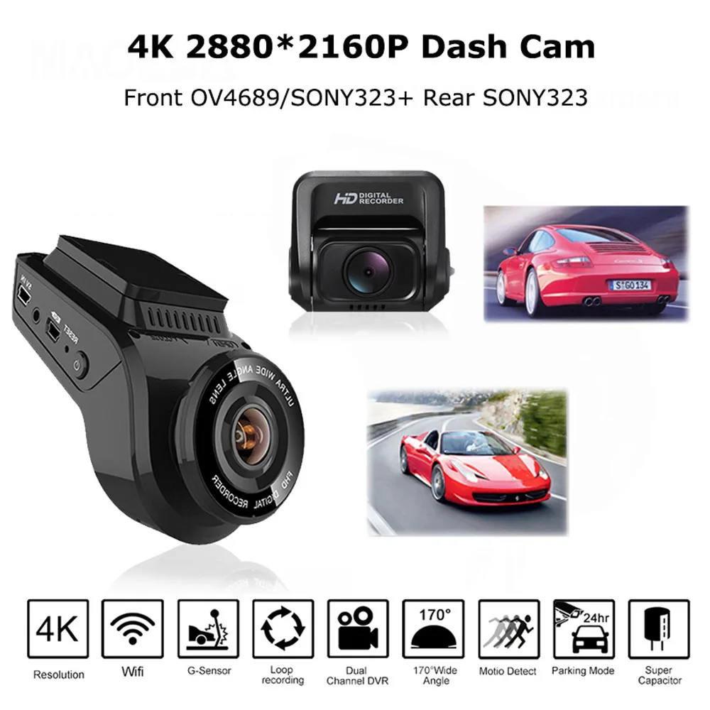 4K 1080P Ultra HD Автомобильный видеорегистратор камера Автомобильный видеорегистратор с камерой заднего вида на 170 градусов ночная версия 2160P gps-навигатор с разрешением Full HD двойной объектив Авто видеорегистратор
