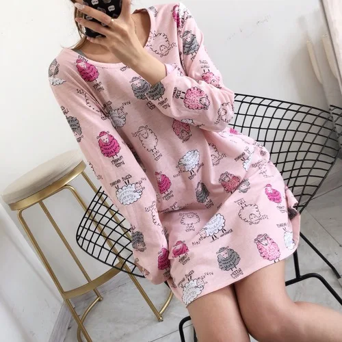 as photo 1 Свободное хлопковое платье для сна размера плюс с мультяшным принтом и длинным рукавом, женская ночная рубашка Весна-Осень-зима, ночная рубашка, нижнее белье, Топ/рубашка - Цвет: as photo 1
