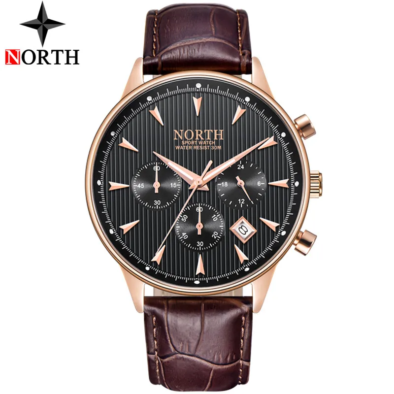 Rose Gold Black Мужские часы от люксового бренда NORTH, мужские часы с автоматическим хронографом и датой, кварцевые часы, мужские золотые повседневные спортивные военные наручные часы - Цвет: Rose Gold Black