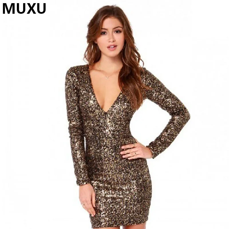 MUXU Новое модное платье сексуальное Золотое блестящее с блестками женская одежда