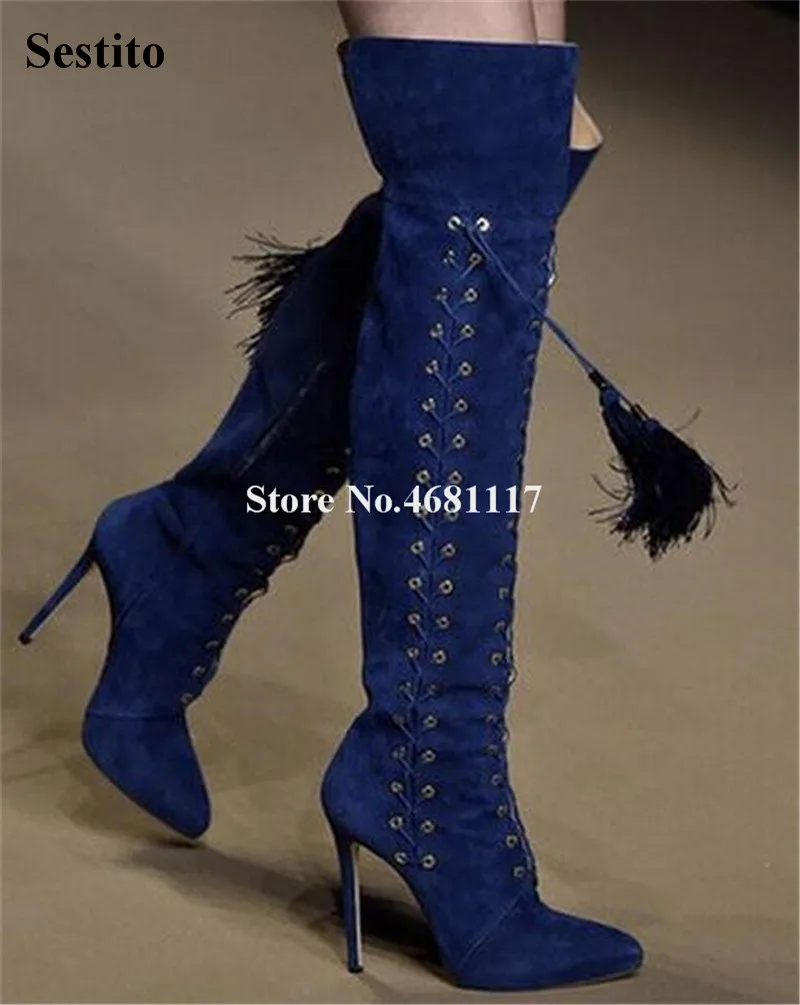 

Tassels Cross Tied Thigh High Boots Women Pointed Toe Suede Leather Stiletto Thin Heel Over Knee Gladiator Boots Long High Heel