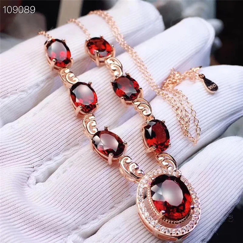 

Natural Garnet pendant necklaces for Women Party 8mm*10mm Genuine cut Gemstones 925 Sterling silver with 18K fine Jewelry #129