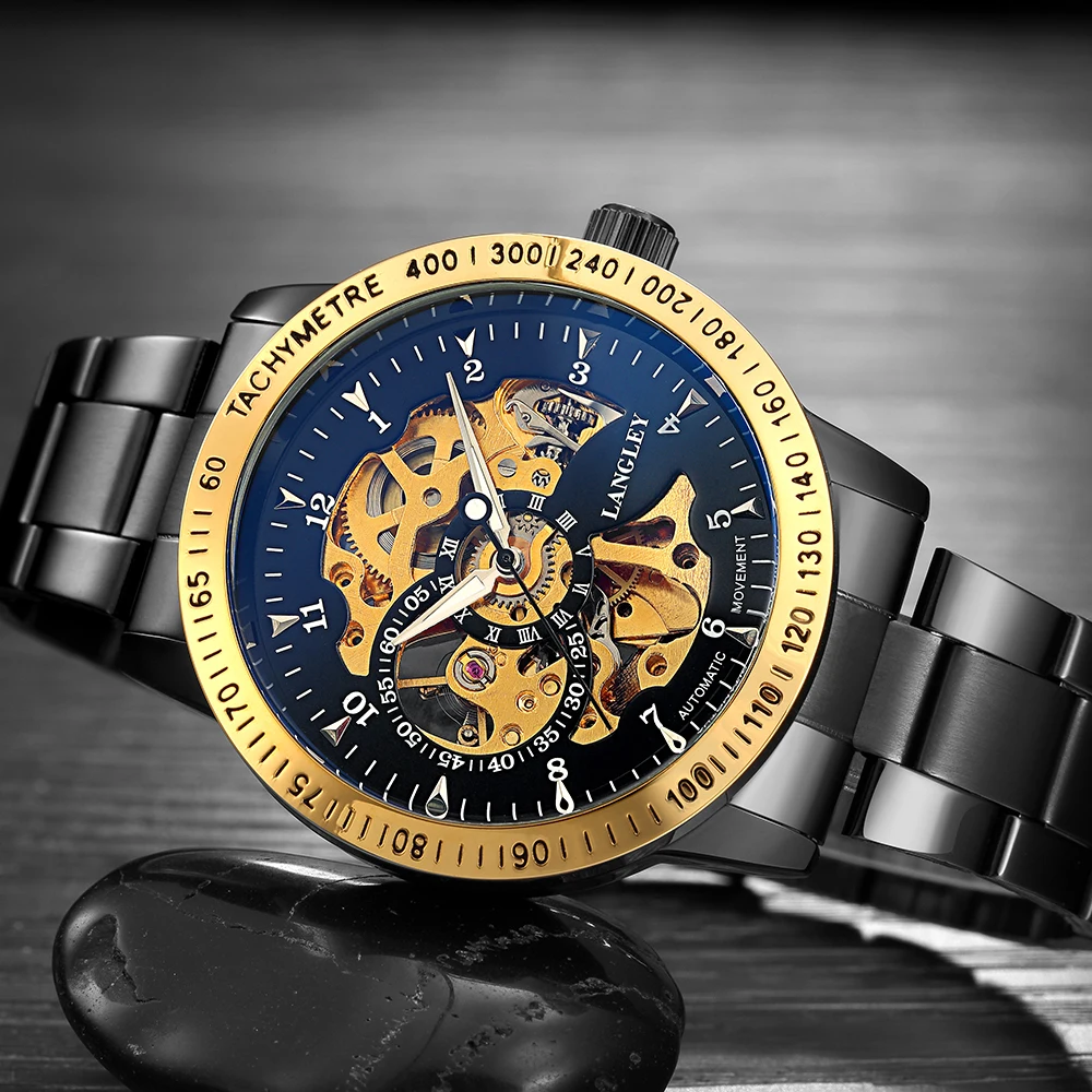 

2022 Langley Famous Brand Watch Luxury Fashion Vintage Stainless steel Men Mechanical Skeleton Watch Men Automatic Wristwatch