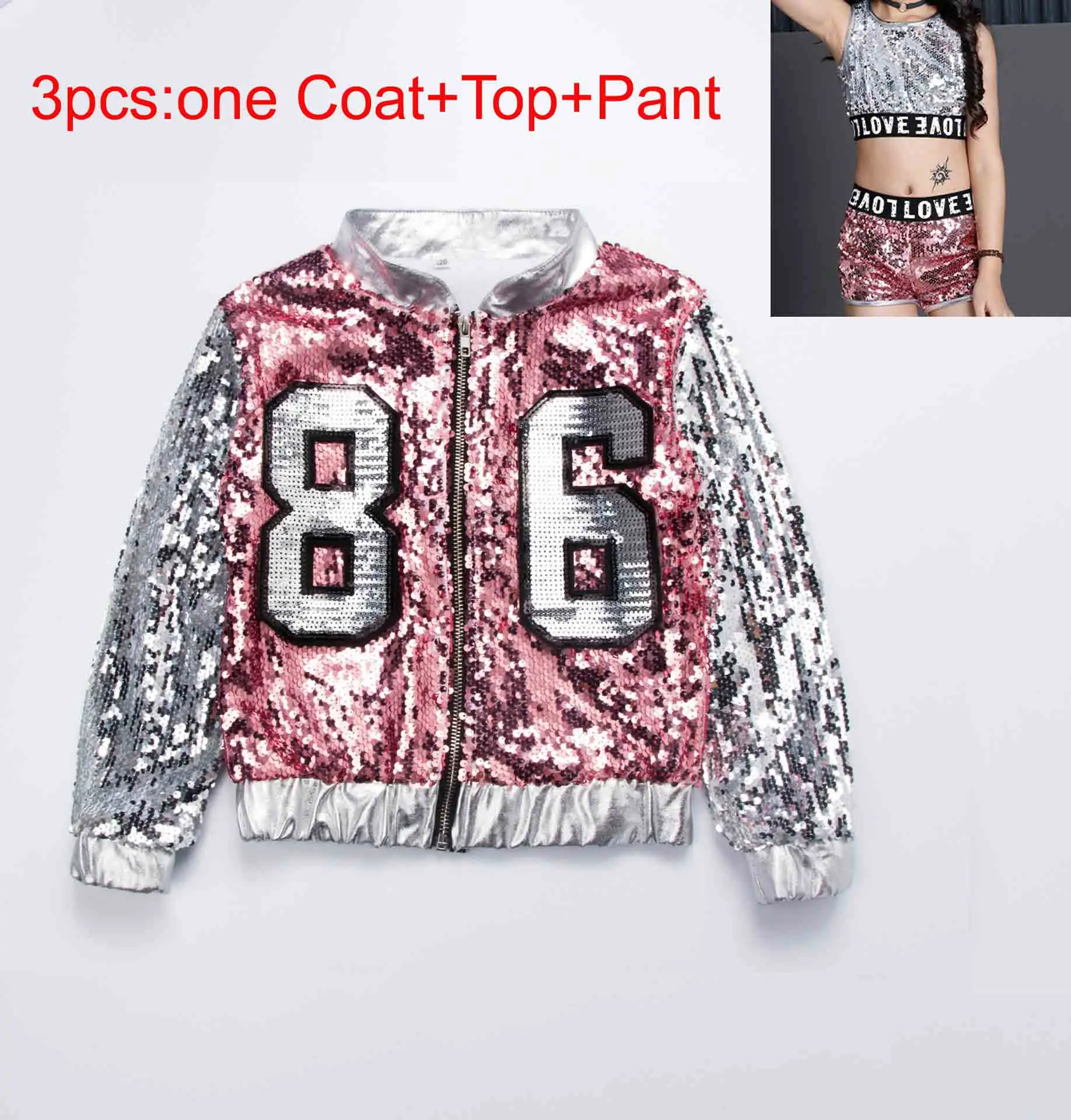 Top Pant Coat Детский костюм в стиле хип-хоп с блестками; куртка с капюшоном для девочек; укороченный топ; рубашка; шорты; джазовый танцевальный бальный костюм; Одежда для танцев - Цвет: Top Pant Coat
