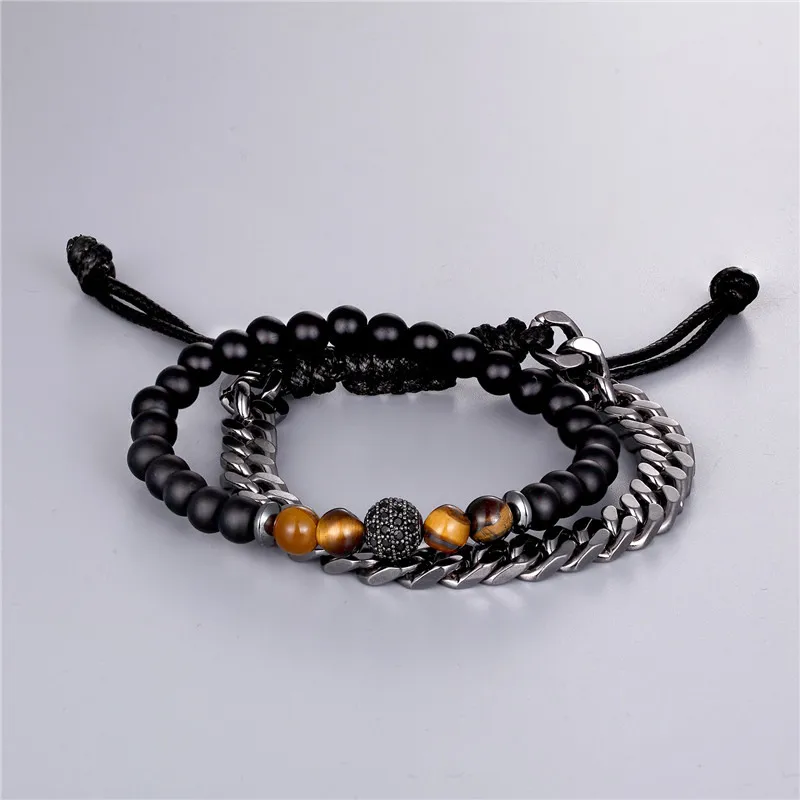 Мужской браслет из нержавеющей стали 1 комплект 2 предметов натуральный камень