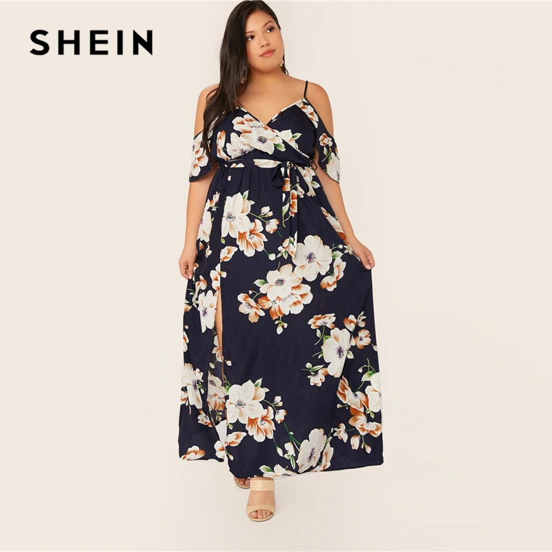 SHEIN, Платье макси с открытыми плечами размера плюс, растительное платье с запахом,, женское летнее платье в стиле бохо, облегающее и расклешенное платье с высокой талией на тонких бретелях