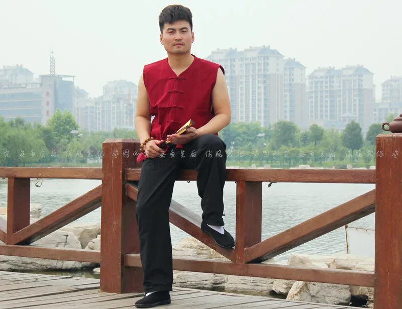 Без рукавов из 100% хлопка кунг фу жилет одежда мужской старый грубый Лето