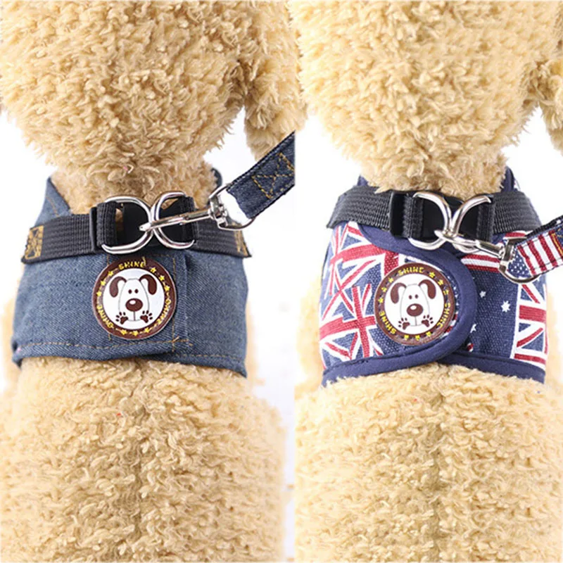 Удобная мягкая собачья шлейка с поводком без тяги Регулируемый джинсовый жилет