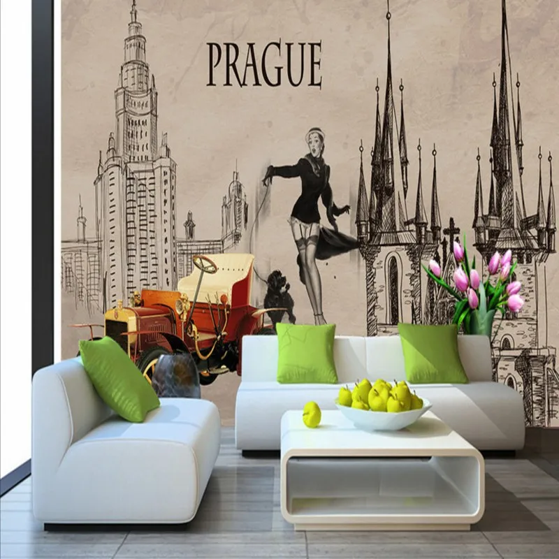 

Custom Size Photo European Retro Architectural Vintage Car TV Backdrop bedroom lobby wallpaper 3D stereo bathroom hotel mural