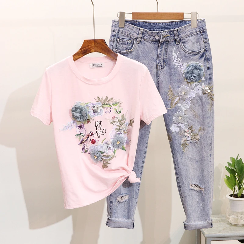 Новая весенне-летняя хлопковая Футболка с объемной вышивкой и цветочным принтом