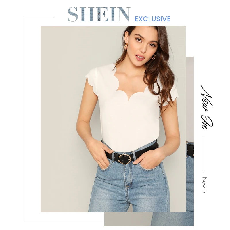 SHEIN блузка с зубчатой отделкой, бежевая однотонная женская одежда, летние элегантные топы с v-образным вырезом,, блузы с коротким рукавом