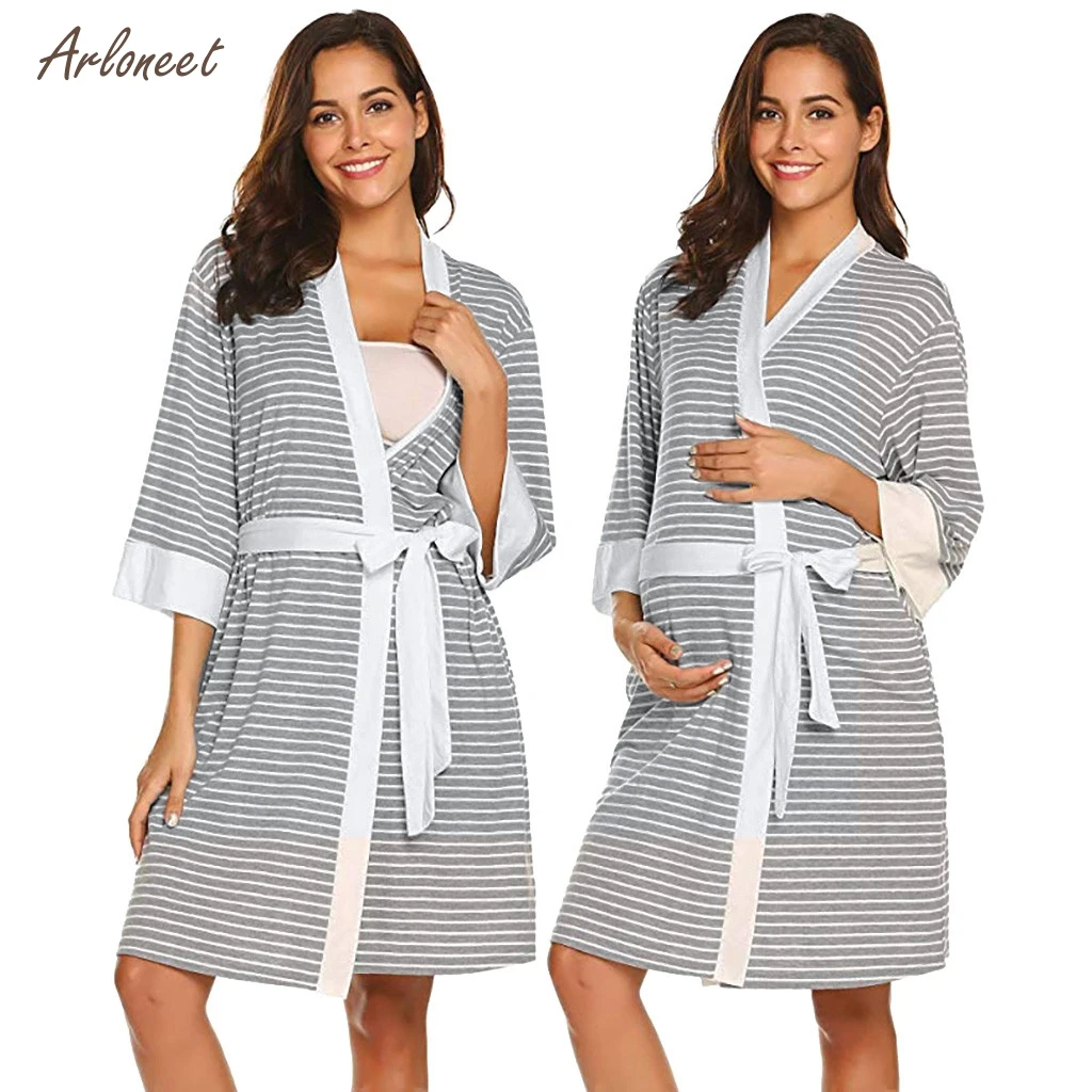 ARLONEET plus size pregnant Maternity Women Casual Care Striped Robe Childbirth Robe Hospital Breastfeeding Clothes