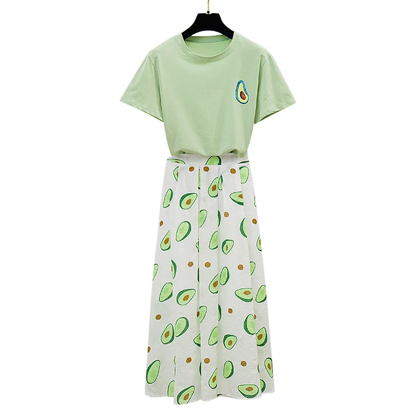 

ICHOIX women 2 pieces sets avocado print green t-shirt tops 2 pieces skirt set casual Two pieces summer outfits clothing 2019
