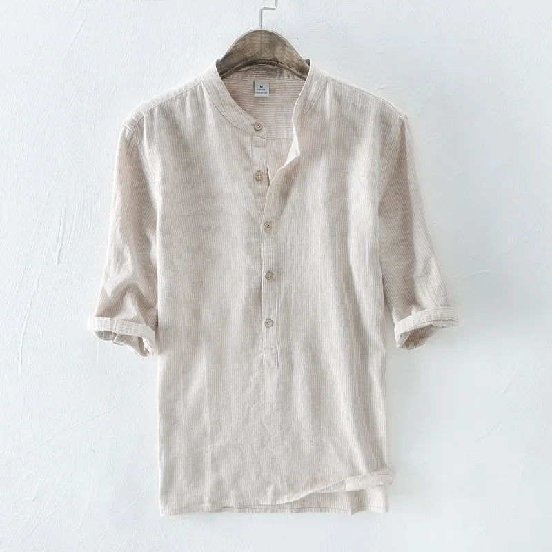 2018 Men's stripe Three Quarter Linen Shirt Mandarin collar summer shirt men linen cotton casual male breathable | Мужская одежда