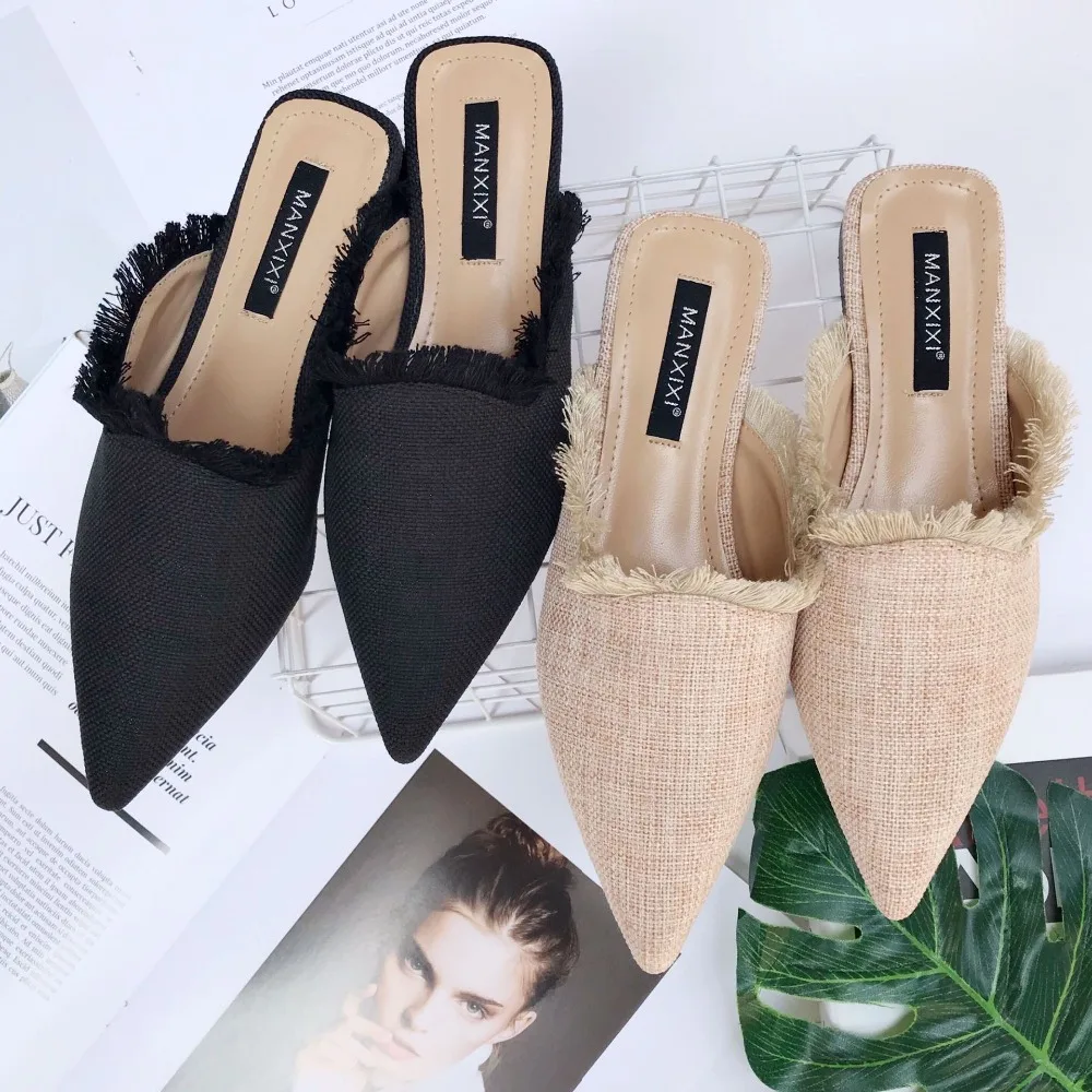 Новинка 2019 года сезон весна лето женские шлёпанцы из пеньковой ткани с острым