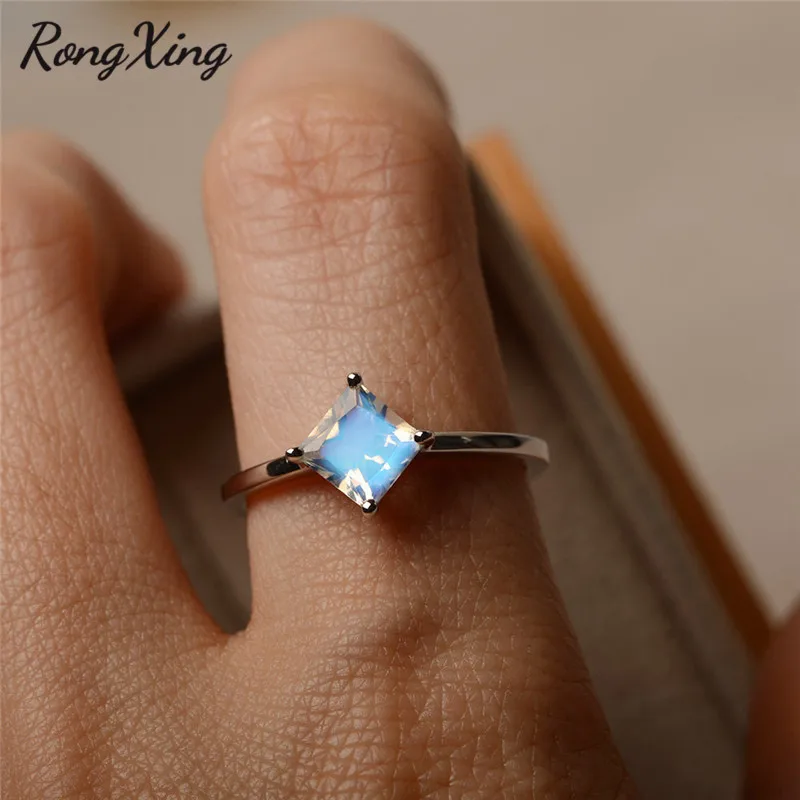RongXing квадрат принцесса лунный камень Обручальные кольца для женщин 925 серебро камень кольцо женский Радуга Свадебные украшения