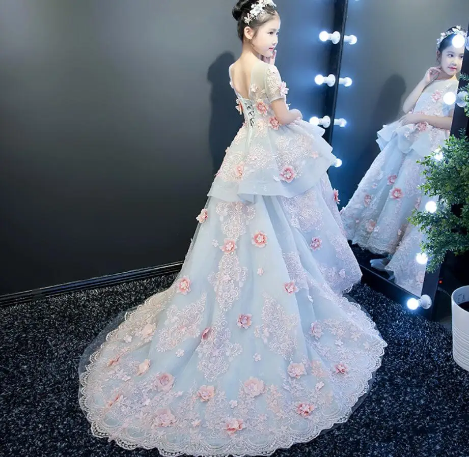New Arrival Little Girls Luxury Lace Applique Holy First Communion Dresses for Floor Length Open Back Princess Dress | Детская одежда и