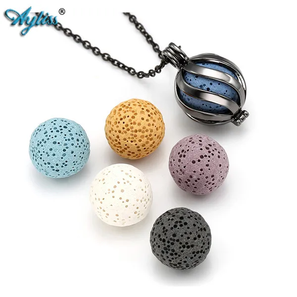1 Set Lava Black Ayliss 6 вулканический камень/7 Чакра Мяч эфирные масла диффузор цепочки и ожерелья серебряный тон ароматерапия открываемые медальон кулон цепочки и ожерелья - Окраска металла: 1 Set Lava Black
