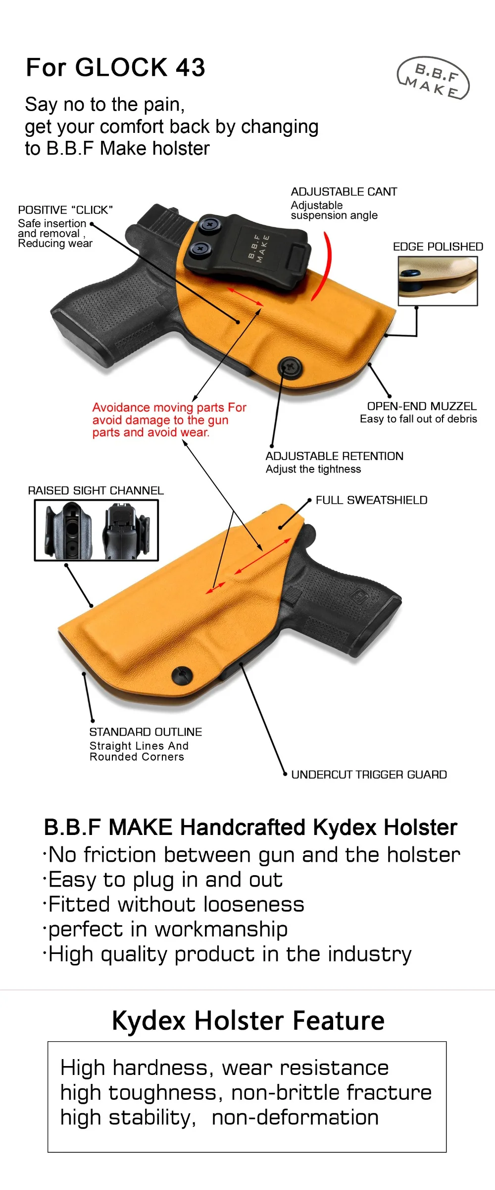 B.B.F Make IWB KYDEX кобура на заказ подходит: Глок 43 Глок 43X пистолет кобура внутри скрытый кейс для пистолета пистолеты сумка аксессуары