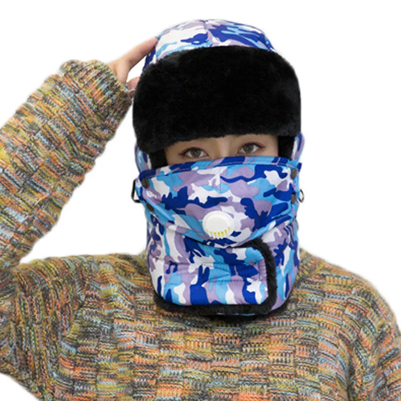 Camouflage Blue VEQKING зимние теплые шапки для пешего туризма, камуфляжные теплые ушные шейные протекторы с дыхательным клапаном, женские мужские спортивные лыжные охотничьи шапки - Цвет: Camouflage Blue