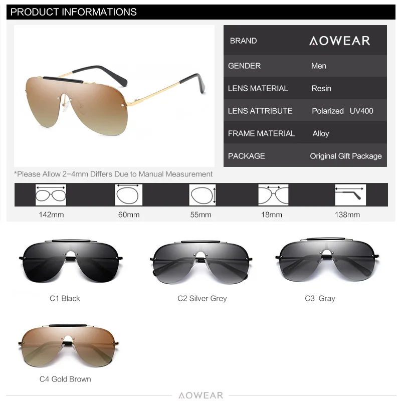 AOWEAR, крутые Мужские поляризационные негабаритные солнцезащитные очки, мужские солнцезащитные очки без оправы, Новое поступление, уличные зеркальные очки для вождения