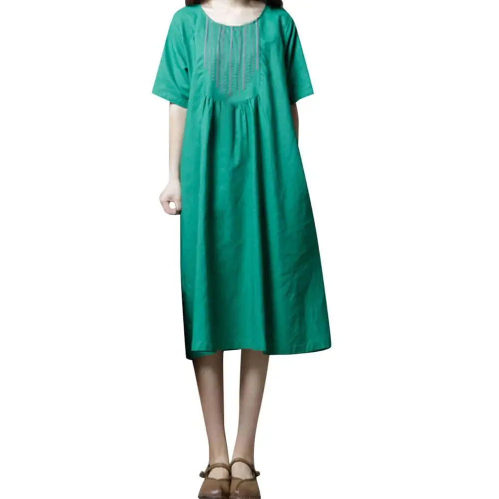 Женское льняное платье с винтажным принтом Повседневное средней длины коротким