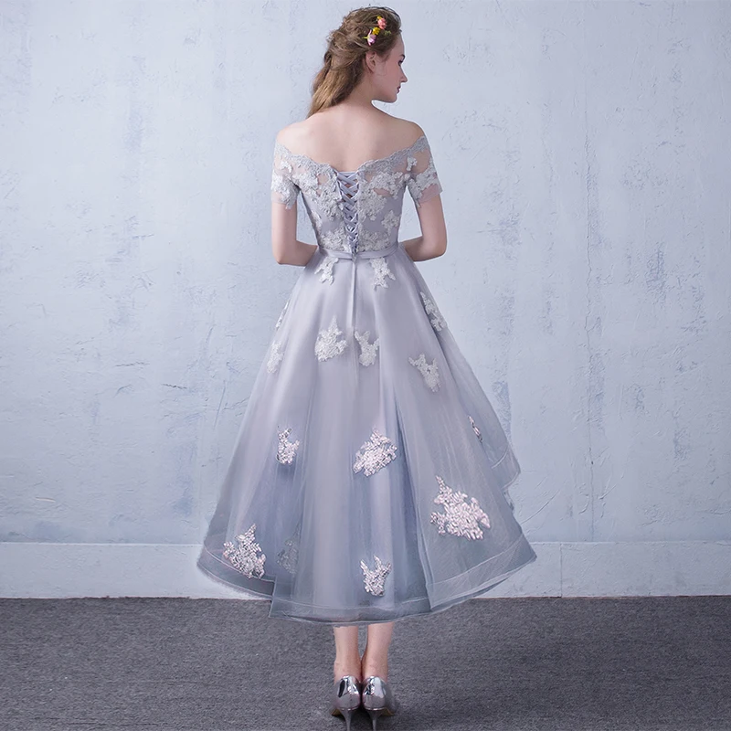 Robe de soiree/серое вечернее платье с вырезом лодочкой на шнуровке коротким передом и