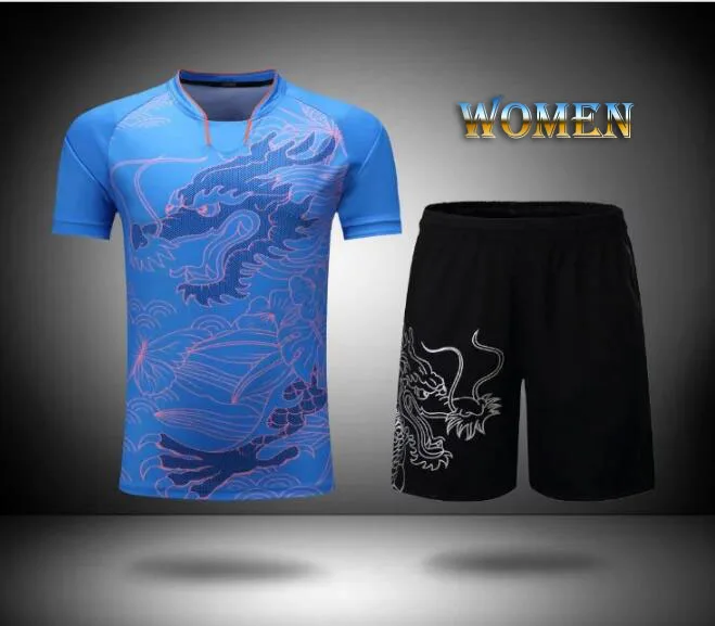 Women Blue Китай Дракон настольным теннисом комплекты, Ma длинная футболка, Для мужчин wo Для мужчин костюм для бадминтона, пинг-понг одежда Футболки для бадминтона, теннис рубашка - Цвет: Women Blue