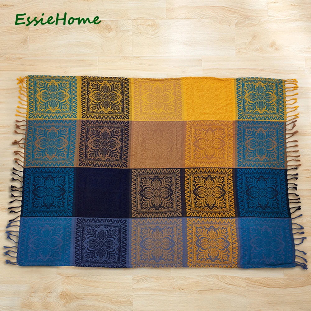 Одеяло для дивана ESSIE HOME синее ярко желтое в богемном стиле|blankets for sofa|sofa blanketchenille