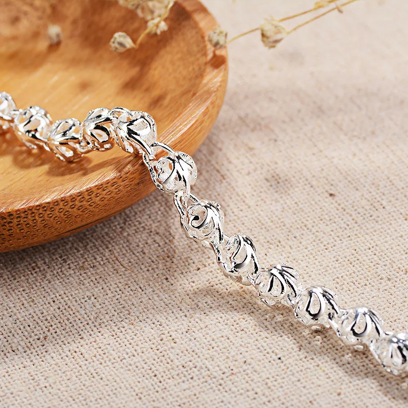 OMHXZJ Wholesale European Fashion Woman Girl Party Birthday Wedding Gift Simple Hollow Beads 925 Sterling Silver Bracelet BA122