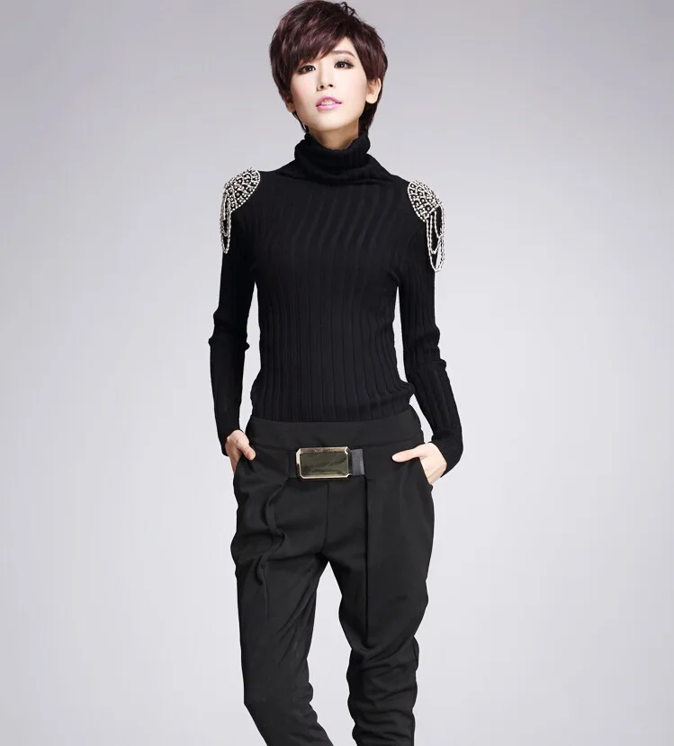 ASYMSAY Women European Autumn And Winter Epaulet Decoration Black Solid Color Long Sleeve Pullover Turtleneck Sweater | Женская одежда