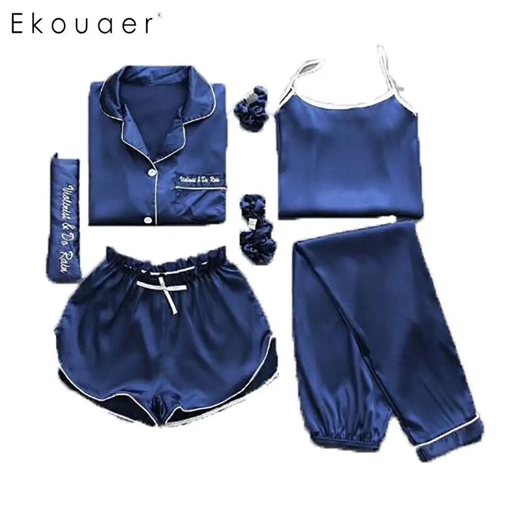 blue Ekouaer, женские пижамные комплекты из 7 предметов, однотонные мягкие атласные пижамные костюмы, свободные пижамы, комплект одежды для сна, милая весенняя, осенняя, летняя одежда для сна - Цвет: blue