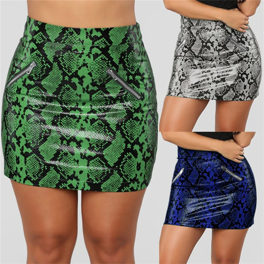 Женская Кожаная мини юбка летняя облегающая с принтом в виде змеи на молнии 40