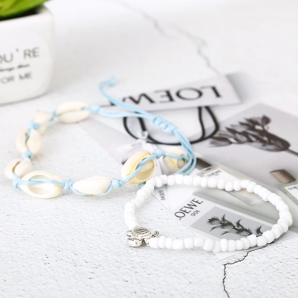 XIYANIKE Настоящий камень в виде ракушки браслет на ногу из бисера плетение ручной работы для женщин Мода Воск шнуровкой ноги Винтажные Ювелирные изделия Браслеты