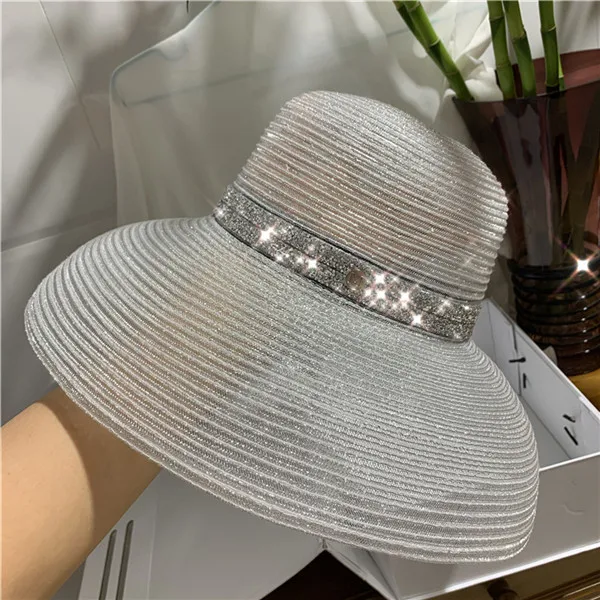 white Summer Elegant Wide Brim Beach Hat Hepburn Style Rhinestone Belt Sun Hats Female Foldable UV Protection Sun Visor Caps - Цвет: white