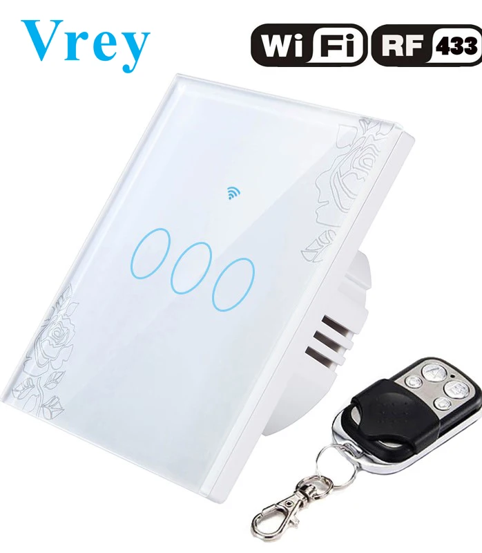 Vrey EU WiFi APP сенсорный выключатель 3 банды 110-240 В настенный светильник сенсорный экран переключатель, Кристальное стекло переключатель панель и пульт дистанционного управления
