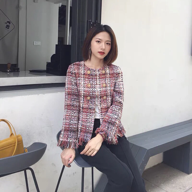 Женская шикарная клетчатая твидовая куртка с бахромой двубортное женское