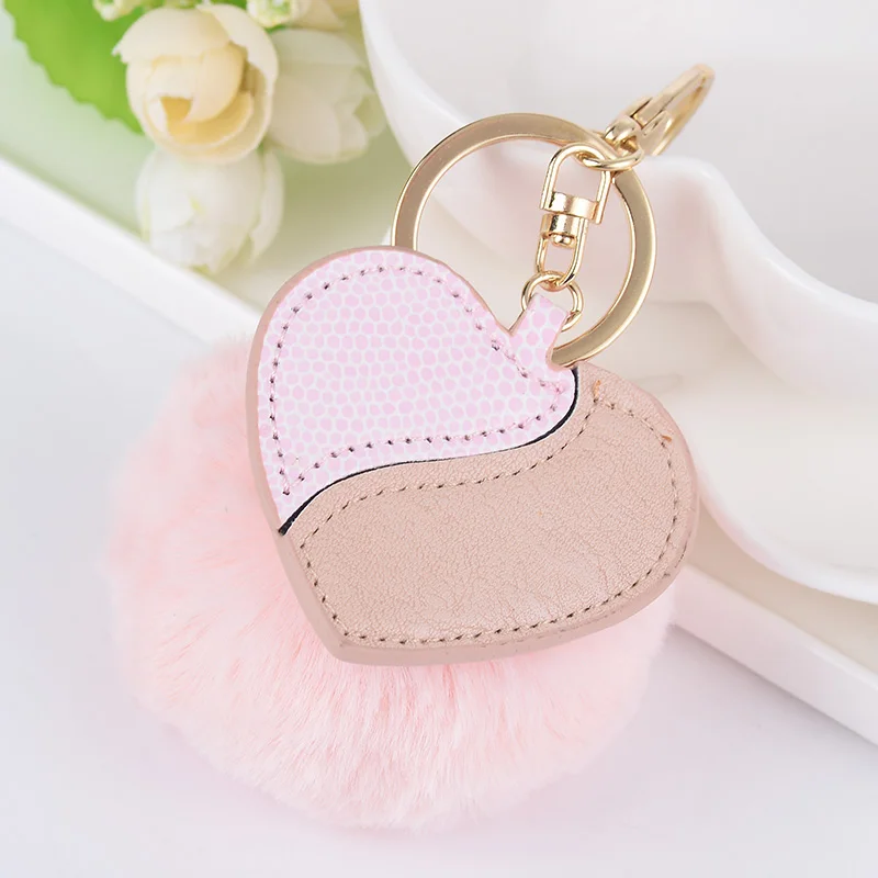 Fur Ball Key Chain Rings Pendant Cute Pompom Heart Shape Keychain Women Car Bag Ring | Chains
