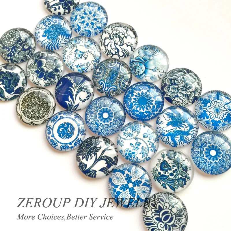 30-35 мм круглый стеклянный кабошон синий и белый фарфор фотографии смешанный узор