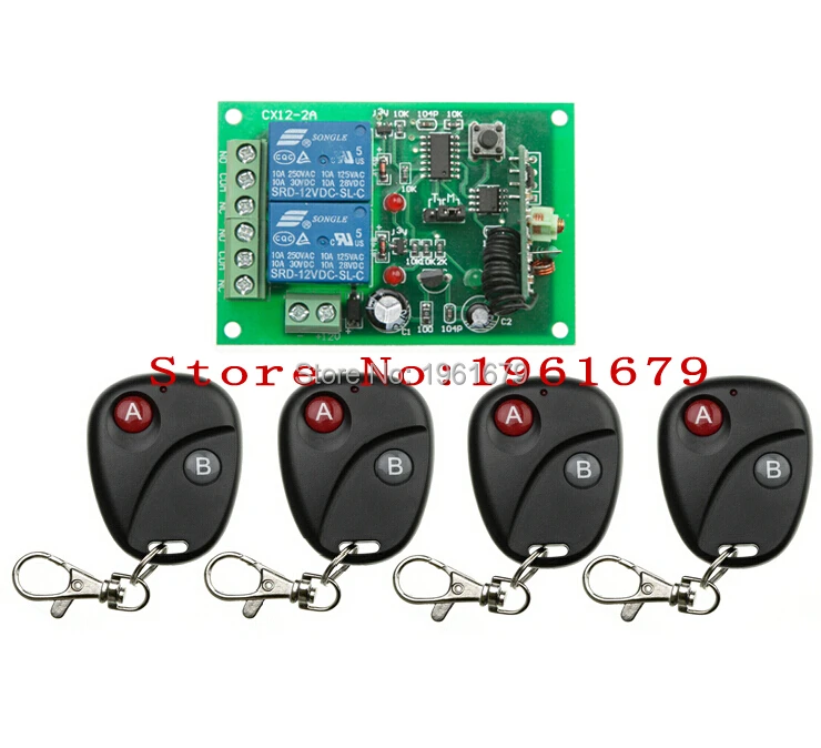 DC 12V 10A 2 CH RF Беспроводное дистанционное управление 1 приемник + 4 передатчика Автоматическое управление дверьми / окнами / подъемным оборудованием.